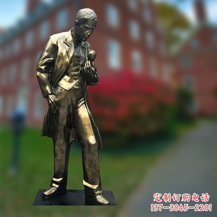 爱迪生与灯泡-玻璃钢仿铜校园名人全身雕塑