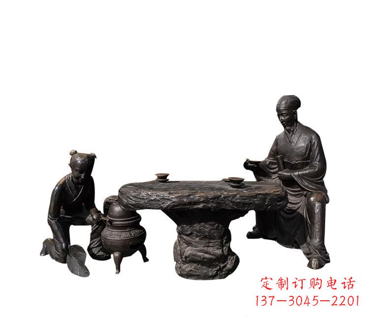 熬中药的儿童和老中医铜雕