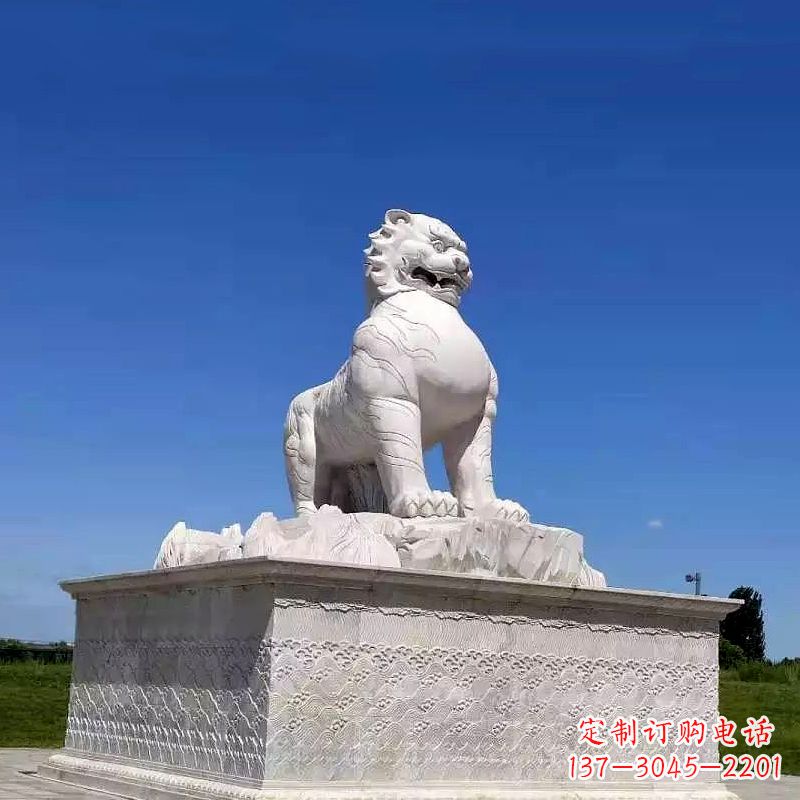 白虎汉白玉石雕-公园广场中国传统文化上古神兽雕塑摆件