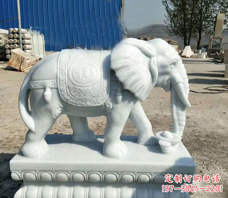 鼻卷元宝的大象汉白玉吉祥如意石雕