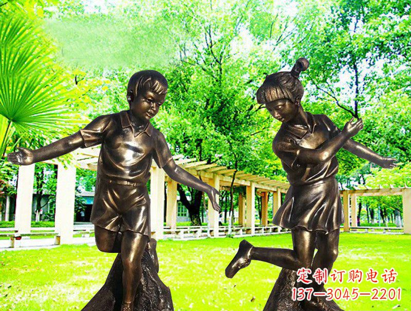 编花篮人物公园校园儿童玻璃钢仿铜雕塑