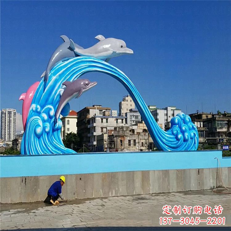 玻璃钢大型景观海豚雕塑-游泳馆游乐场景观雕塑