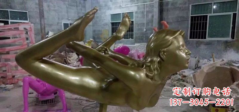 玻璃钢仿铜瑜伽女人人物雕塑