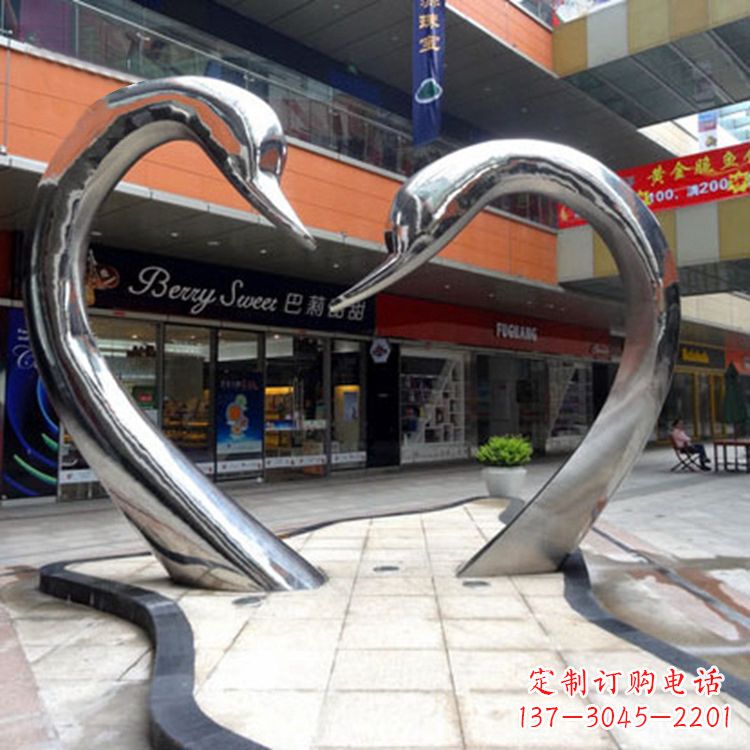 不锈钢爱心天鹅情侣雕塑-大型户外广场抽象动物景观摆件心型天鹅头雕塑