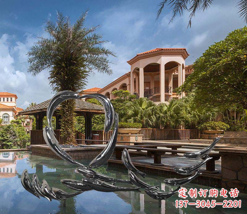 不锈钢别墅鱼群雕塑