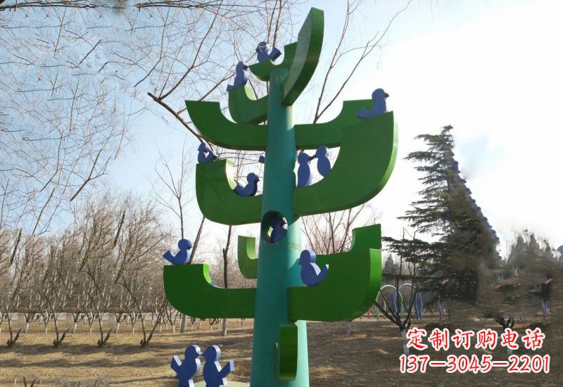 不锈钢抽象大树和小鸟雕塑