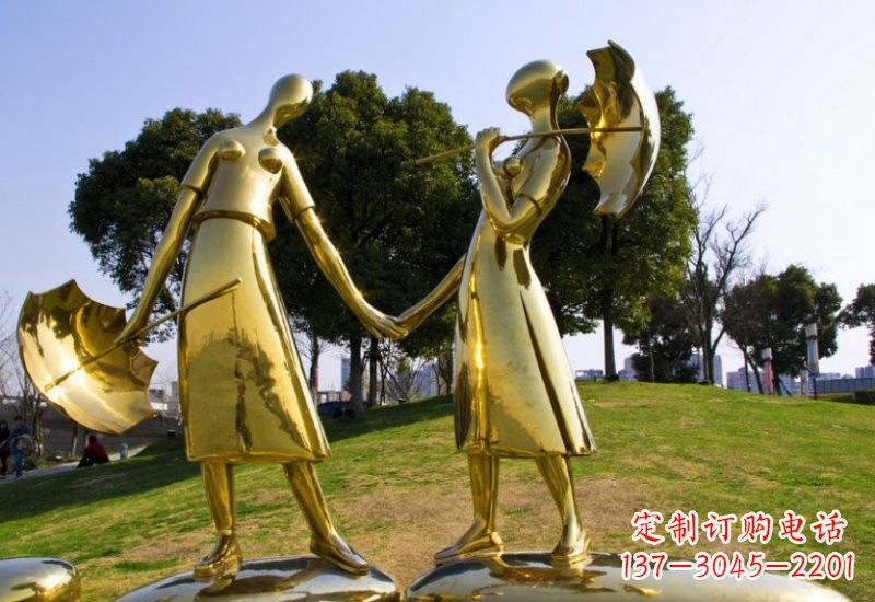 不锈钢打雨伞人物雕塑