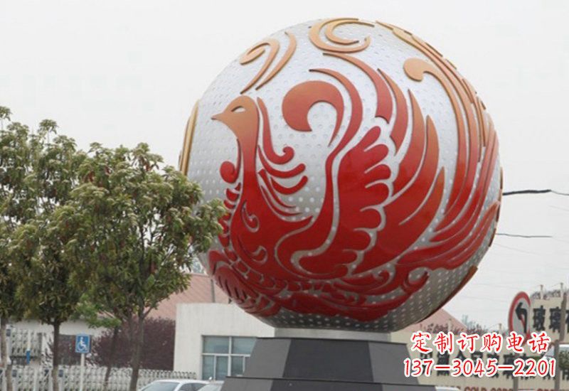 不锈钢凤凰浮雕圆球雕塑