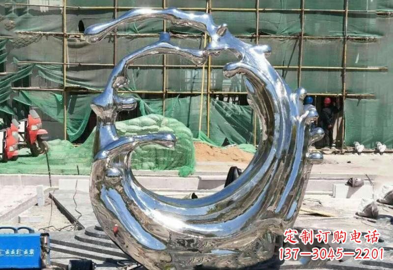 不锈钢公园抽象浪花和鱼雕塑