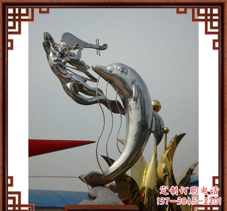 不锈钢公园弹琵琶仙女和海豚雕塑
