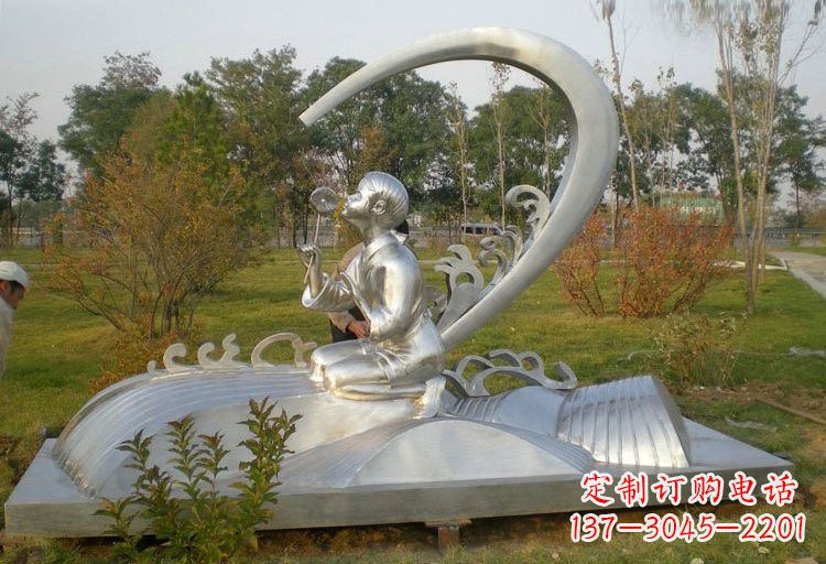 不锈钢公园拿花朵的儿童雕塑