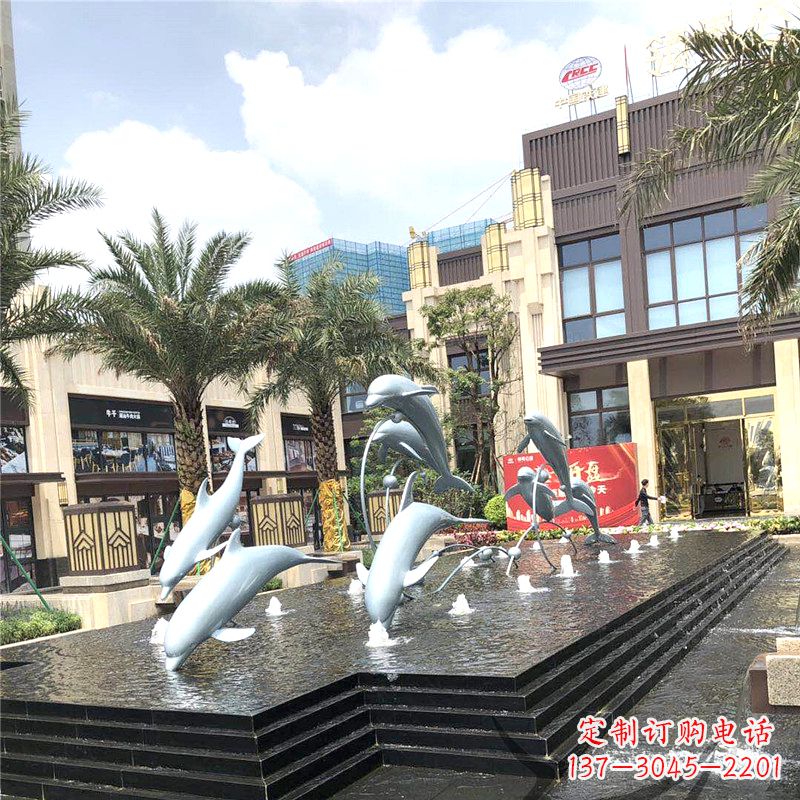 不锈钢海豚喷泉-城市企业街道睡觉景观雕塑