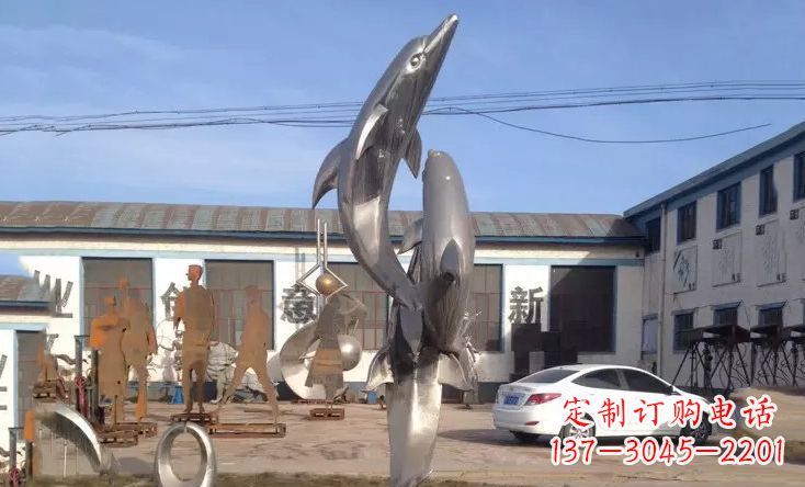 不锈钢海豚嬉戏雕塑 (2)