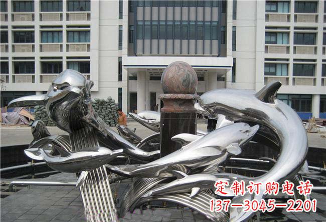 不锈钢浪花和海豚动物雕塑