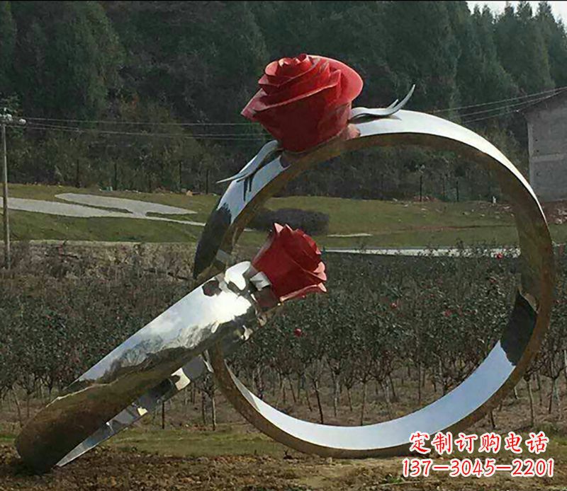 不锈钢/玫瑰花-不锈钢玫瑰花对戒雕塑 不锈钢/玫瑰花-不锈钢玫瑰花对戒雕塑