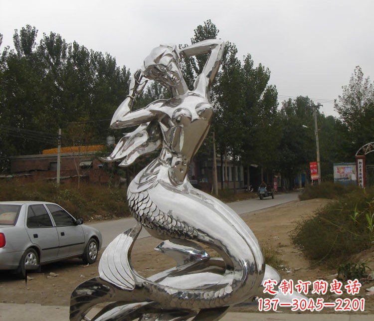 不锈钢美人鱼和海豚公园景观雕塑