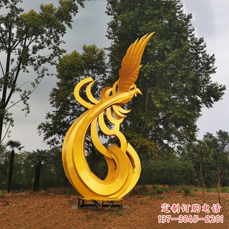 不锈钢漆金凤凰雕塑-黄金色园林动物景观雕塑