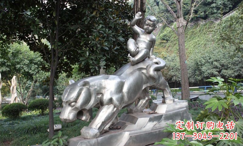不锈钢骑老虎的小孩雕塑
