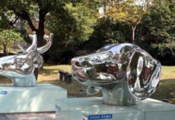 狗头公园不锈钢鹿和狗雕塑