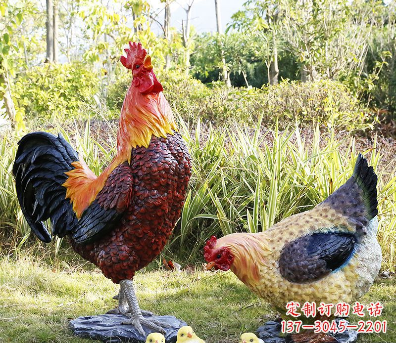 厂家直销户外园林树脂仿真公鸡母鸡 装饰品雕塑 玻璃钢绿化雕塑