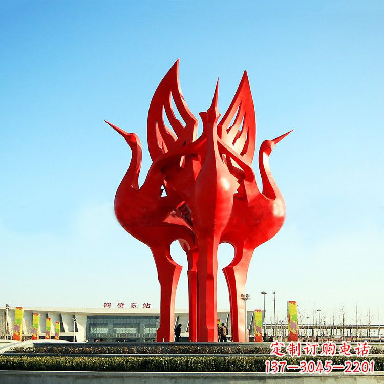 城市广场4只展翅欲飞的不锈钢仙鹤动物景观雕塑