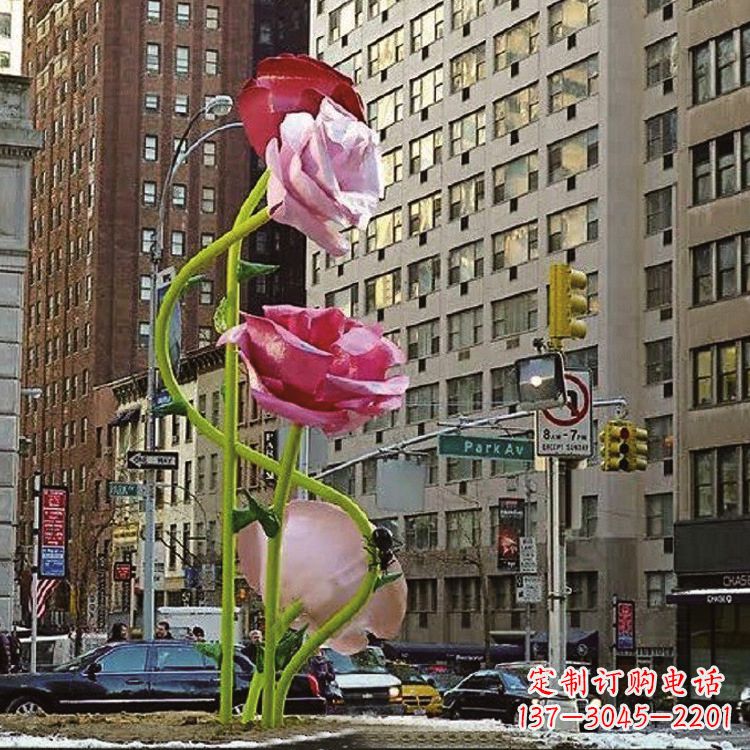 城市街道玻璃钢玫瑰花景观花朵雕塑