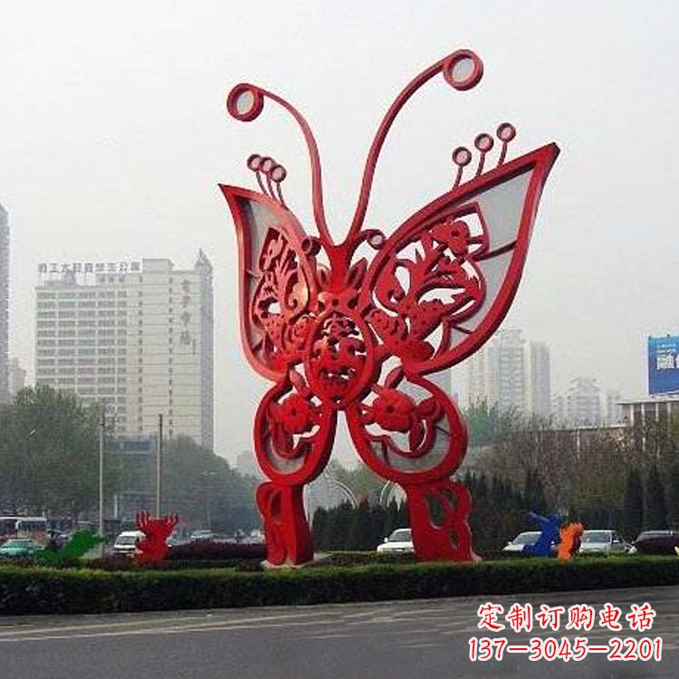 城市园林道路绿化带大型红色蝴蝶不-锈-钢-雕-塑-景观