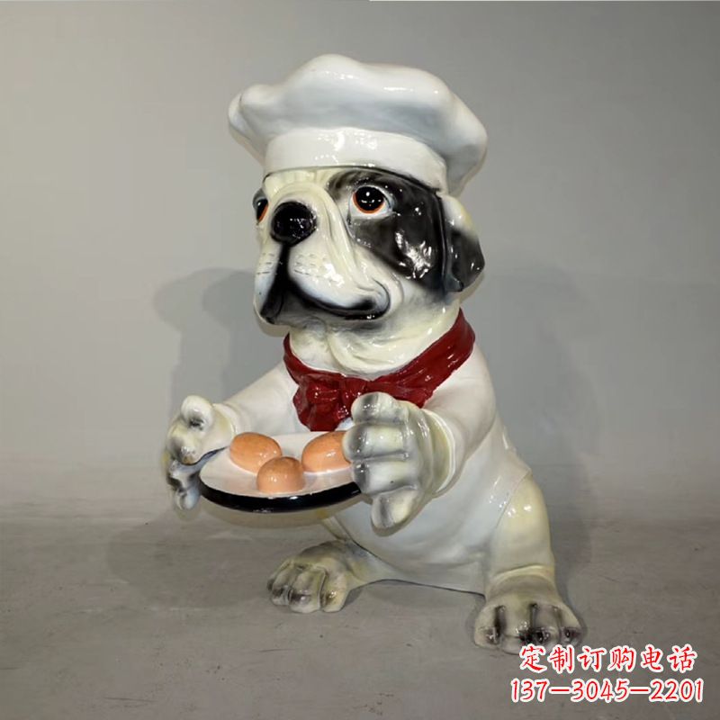厨师造型斗牛犬,玻璃钢仿陶瓷狗雕塑