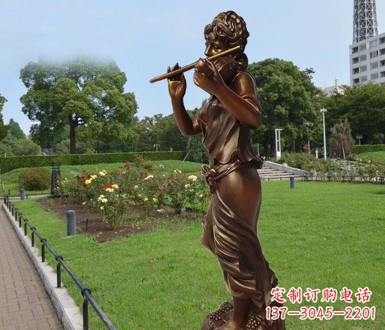 吹笛子的美女城市花园景观玻璃钢仿铜雕塑