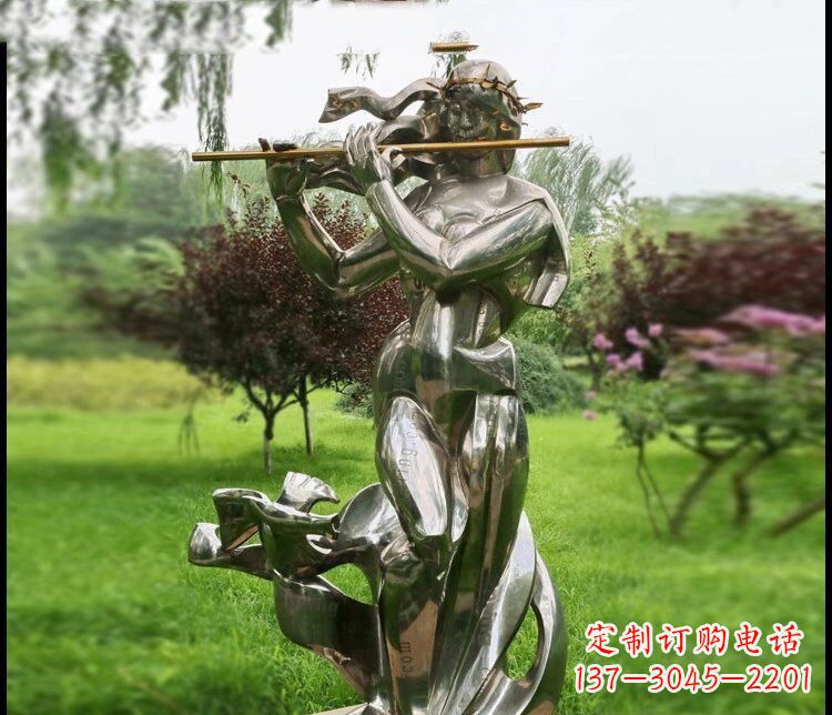 吹笛子的女孩公园不-锈-钢-雕-塑-