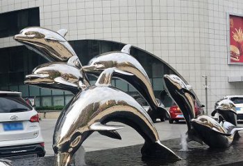 海豚雕塑点亮城市商场的不锈钢镜面水景