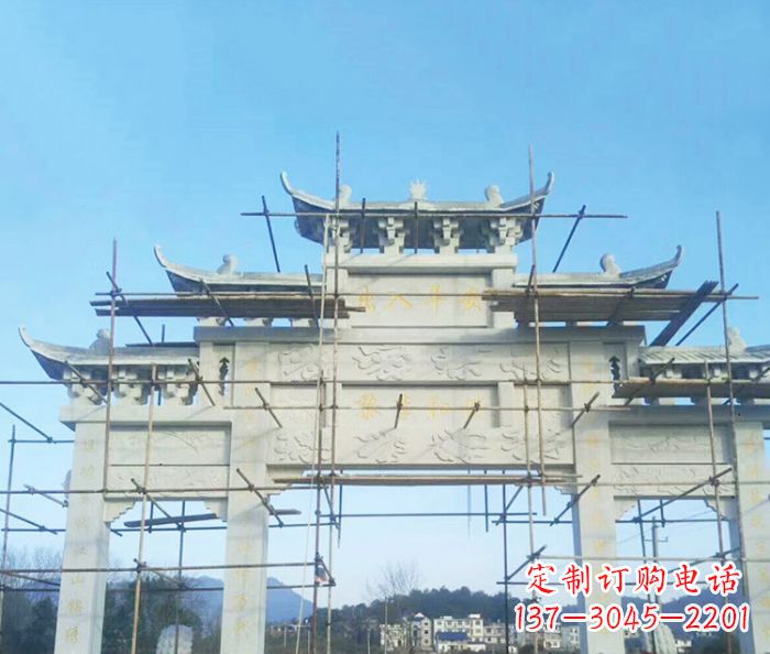 大理石三门牌坊雕塑 大理石三门牌坊雕塑