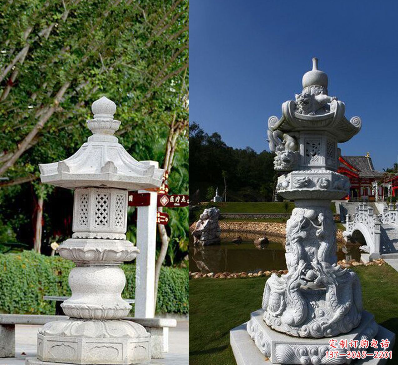 大理石灯和仿古石塔寺庙景观石雕