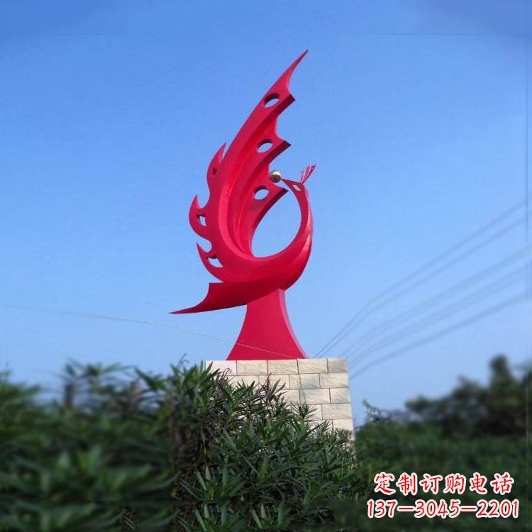 大象红色凤凰不-锈-钢-雕-塑--城市动物标识景观雕塑