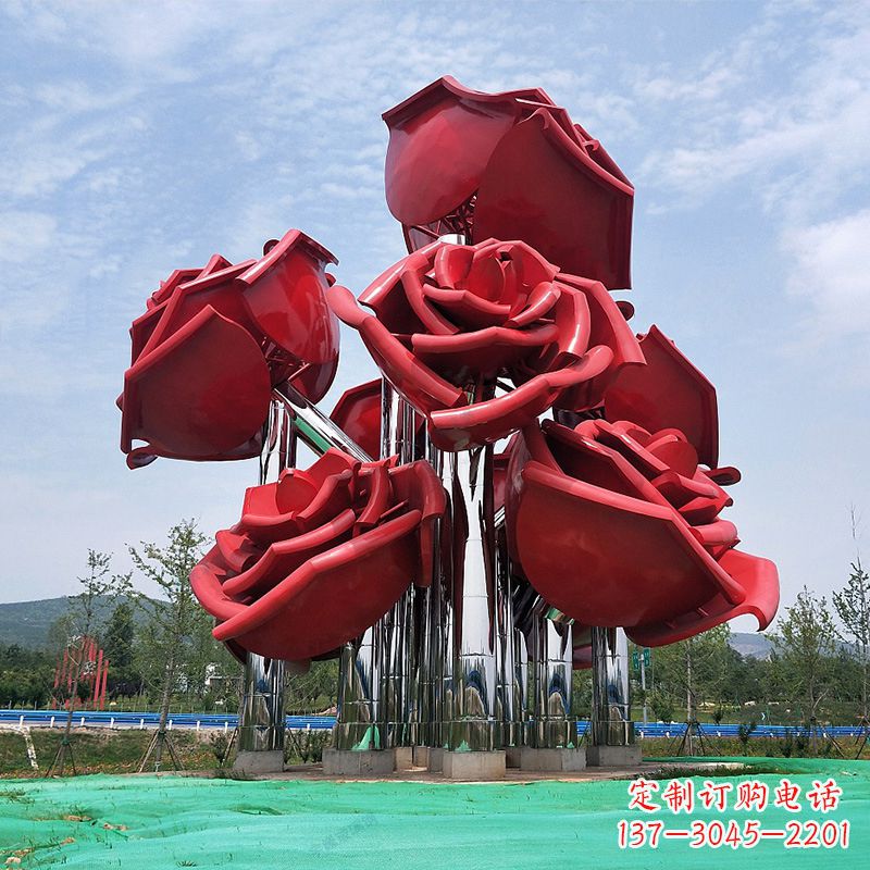 大型景区园林不锈钢玫瑰花景观雕塑
