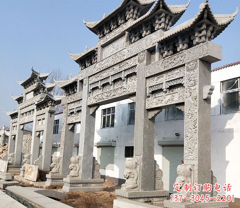 大型五门仿古牌坊石雕 (2)