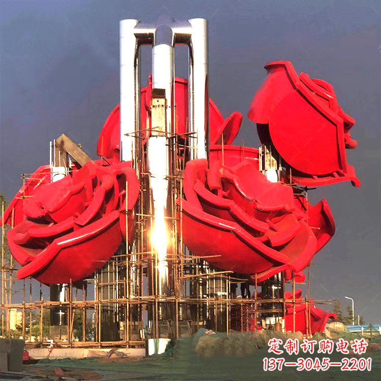 大型不锈钢玫瑰园林雕塑
