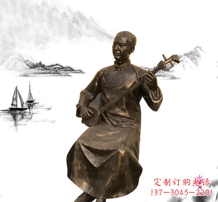 弹三弦的人物铜雕