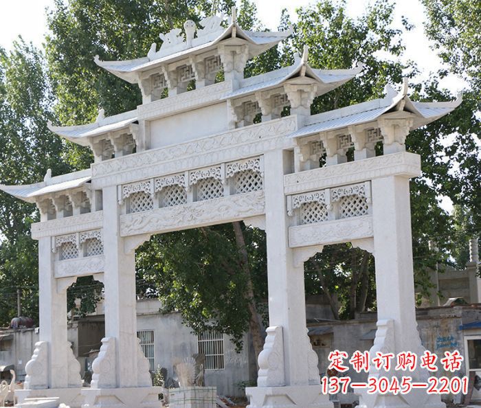 道路三门牌坊石雕 (2)