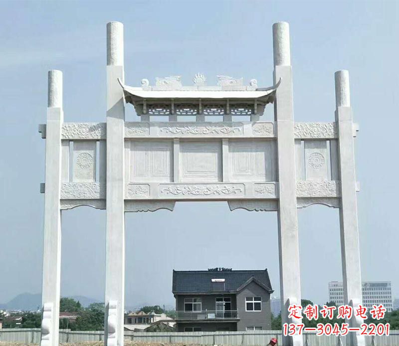 道路三门牌坊石雕 (4)