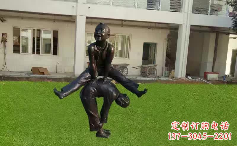卡通青少年跳马铜雕塑 卡通青少年跳马铜雕塑