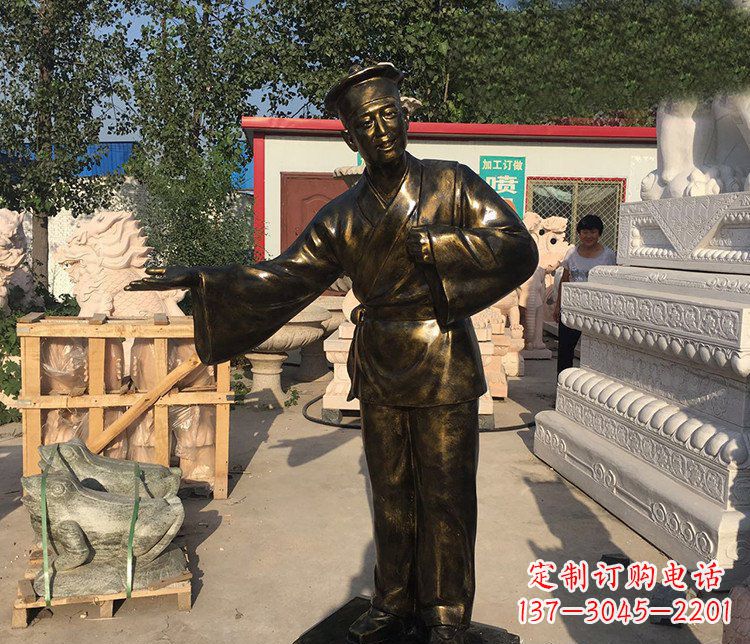 饭馆门口小二人物铜雕