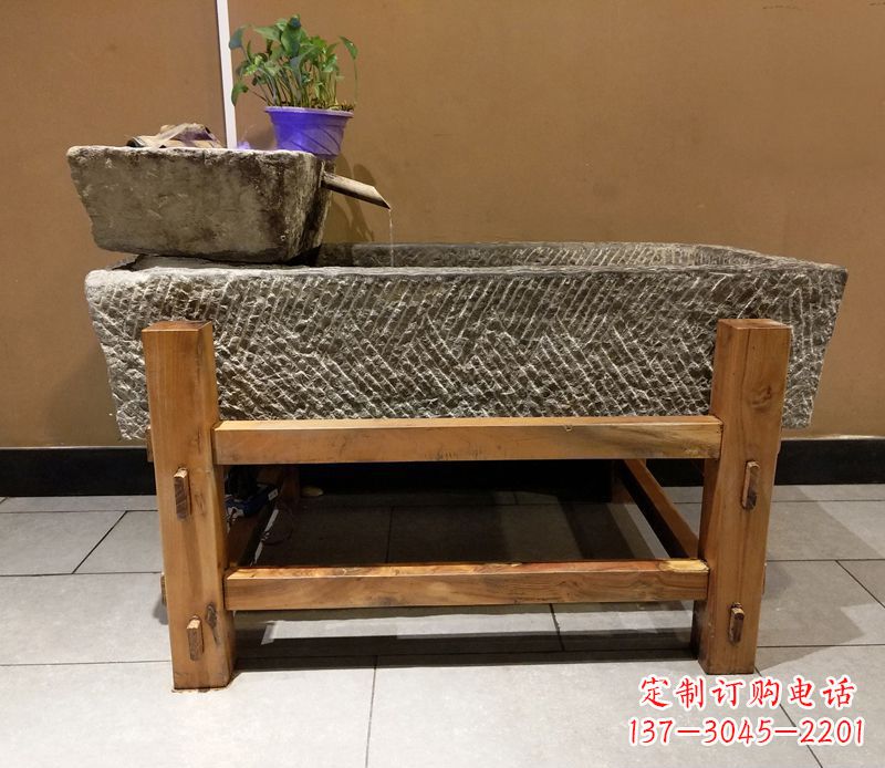 方形流水石钵酒店大厅摆件石雕