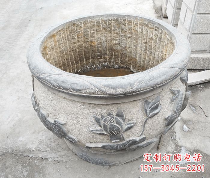 仿古荷花鲤鱼浮雕石水缸 (3)