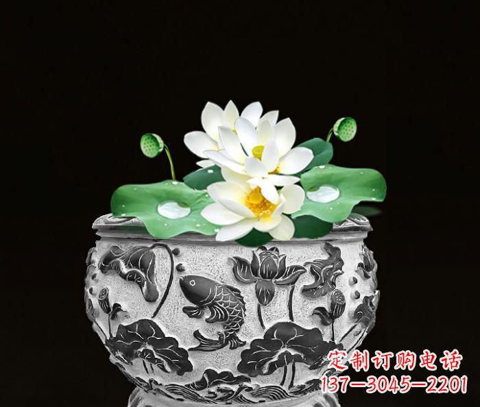仿古荷花鲤鱼浮雕石水缸 (2)