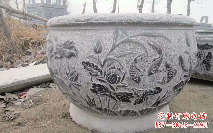 仿古荷花鲤鱼石浮雕水缸