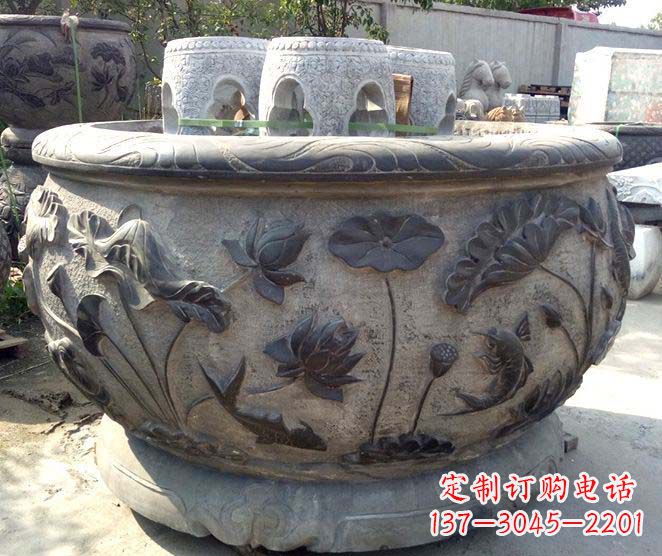 仿古荷花鲤鱼浮雕石水缸