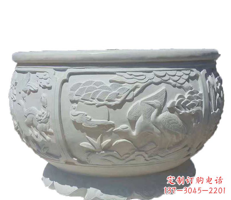 仿古鱼缸石雕花盆摆件