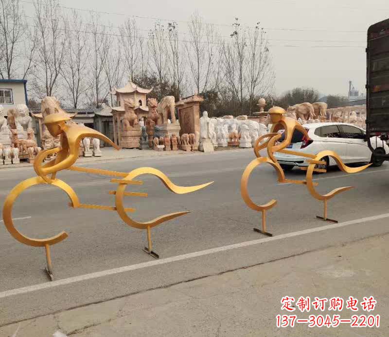 仿真不锈钢铁艺骑单车雕塑