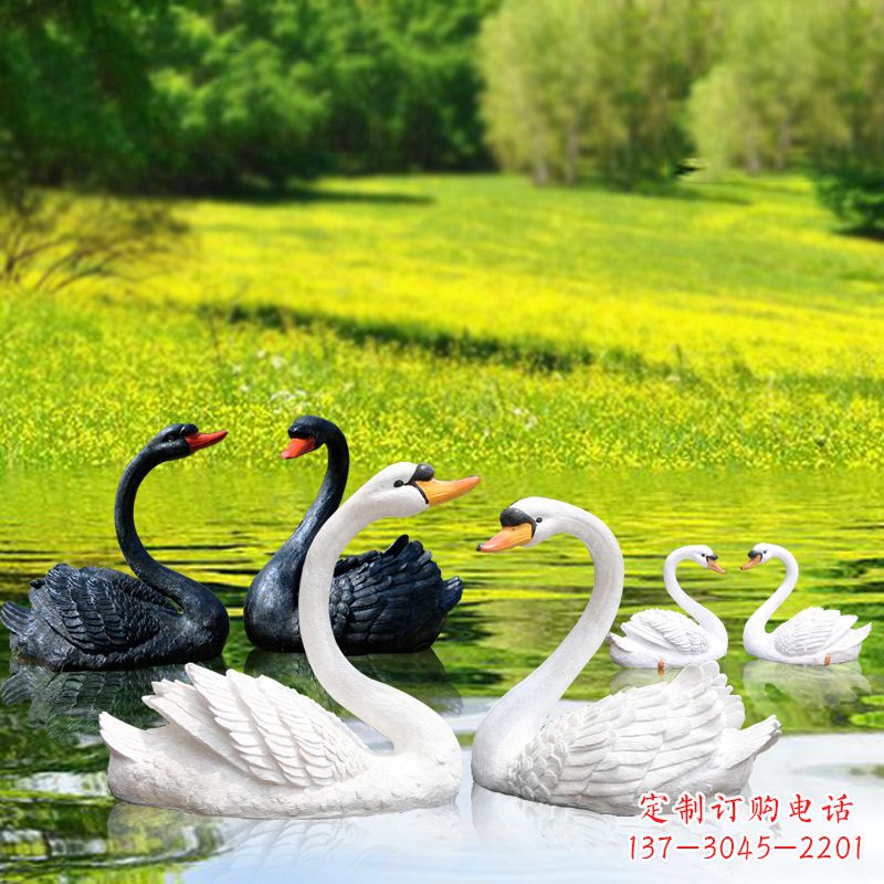 仿真天鹅玻璃钢雕塑-黑白天鹅园林水景装饰动物摆件